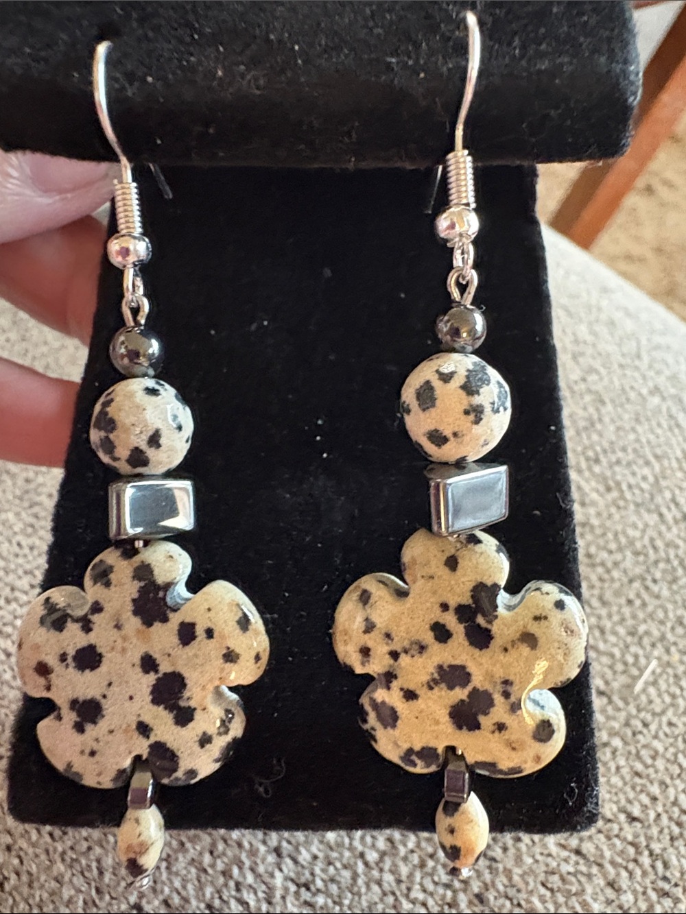Hand Crafted Dalmatian Jasper Floral Drop Earrings - Black & Cream